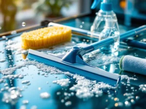 Professionele ruitenreinigingsgereedschappen inclusief wisser, schrubber en sproeiflacon op glas