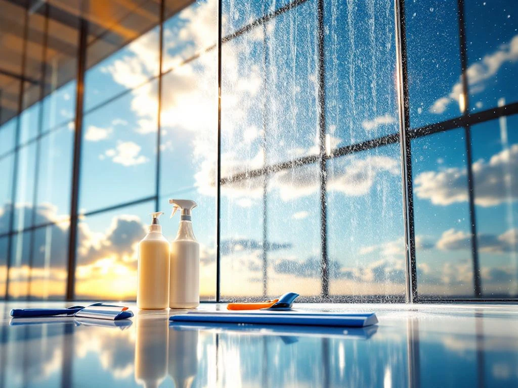 Professionele glazenwasser apparatuur voor kantoorgebouw met sprankelend schone ramen in gouden zonlicht