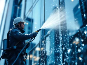 Professionele glazenwasser reinigt moderne kantoorgebouw gevel met hogedrukreiniger, waterdruppels op schone ramen