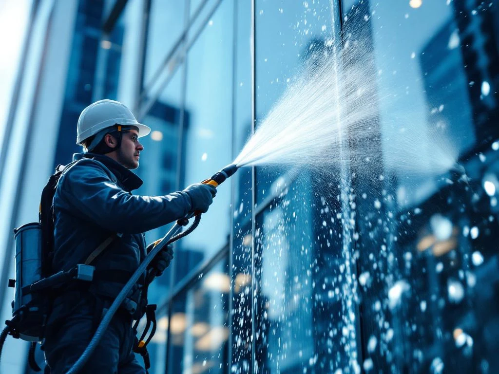 Professionele glazenwasser reinigt moderne kantoorgebouw gevel met hogedrukreiniger, waterdruppels op schone ramen