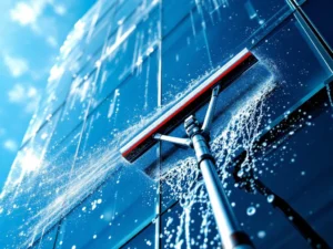 Professionele glazenwasser reinigt wolkenkrabber met telescopische stok en squeegee tegen blauwe hemel