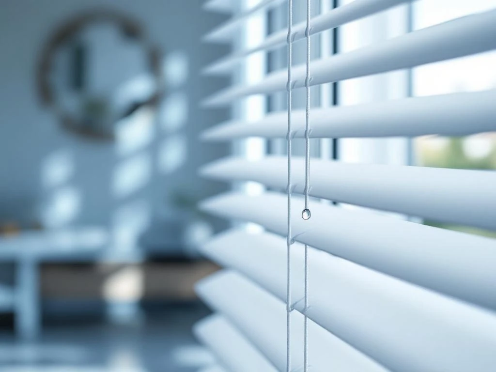 Witte raamblinds in perfecte staat met natuurlijk licht en waterdruppel, schoon en professioneel onderhouden