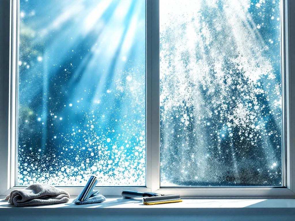 Vensterraam met helft schoon glas en helft vuil glas, professionele raamreinigingsgereedschappen onderin