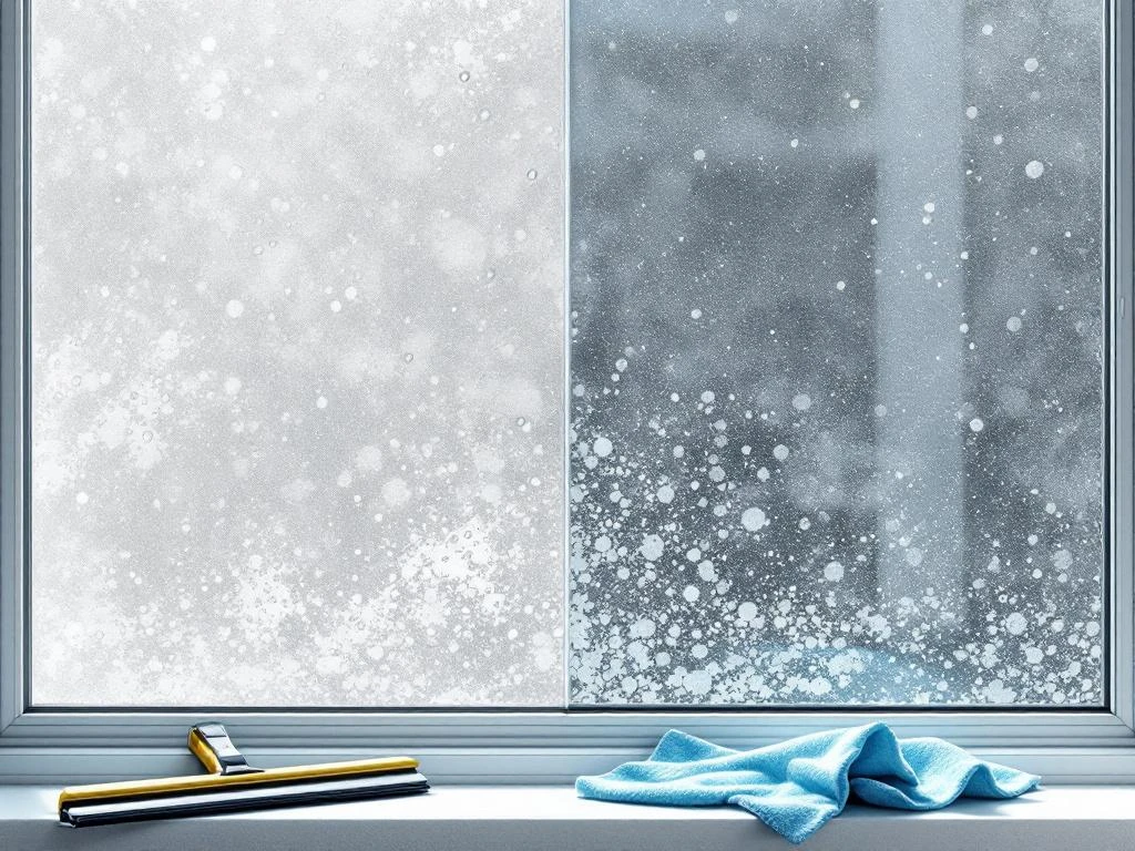 Glazen raam half schoon, half bedekt met kalkaanslag en watervlekken, met professionele schoonmaakgereedschap eronder