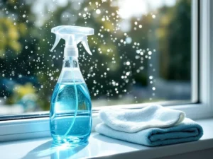 Helder raam met waterdruppels, blauwe sprayfles en microvezeldoek op witte vensterbank bij zonlicht