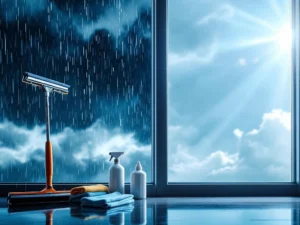 Professionele raamreiniger gereedschap met ruitenwisser tijdens storm versus kristalhelder glas in zonlicht