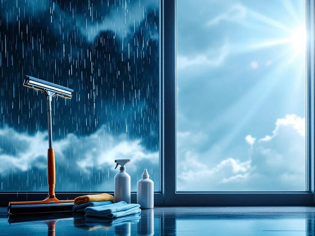 Professionele raamreiniger gereedschap met ruitenwisser tijdens storm versus kristalhelder glas in zonlicht