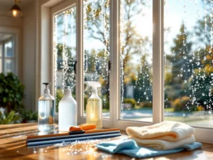 Professionele ramen wassen van woonhuis met squeegee en schoonmaakmiddelen, sprankelend schone ramen in zonlicht