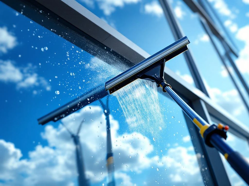 Professionele raamreiniging van hoge glazen gebouwramen met telescoopsteel en trekker, blauwe lucht reflecterend