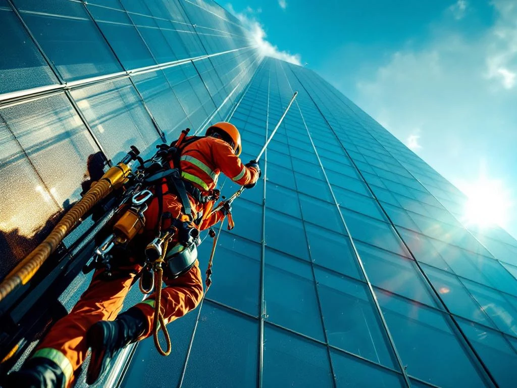 Professionele glazenwasser in veiligheidsuitrusting reinigt wolkenkrabber vanuit opwaartse hoek tijdens gouden uur