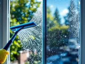 Professionele raamreiniging versus doe-het-zelf: links streepvrije ramen, rechts zichtbare vlekken en strepen