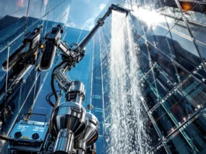 Robotische raamreinigingsapparatuur met metalen armen en borstels op modern glazen kantoorgebouw met heldere ramen