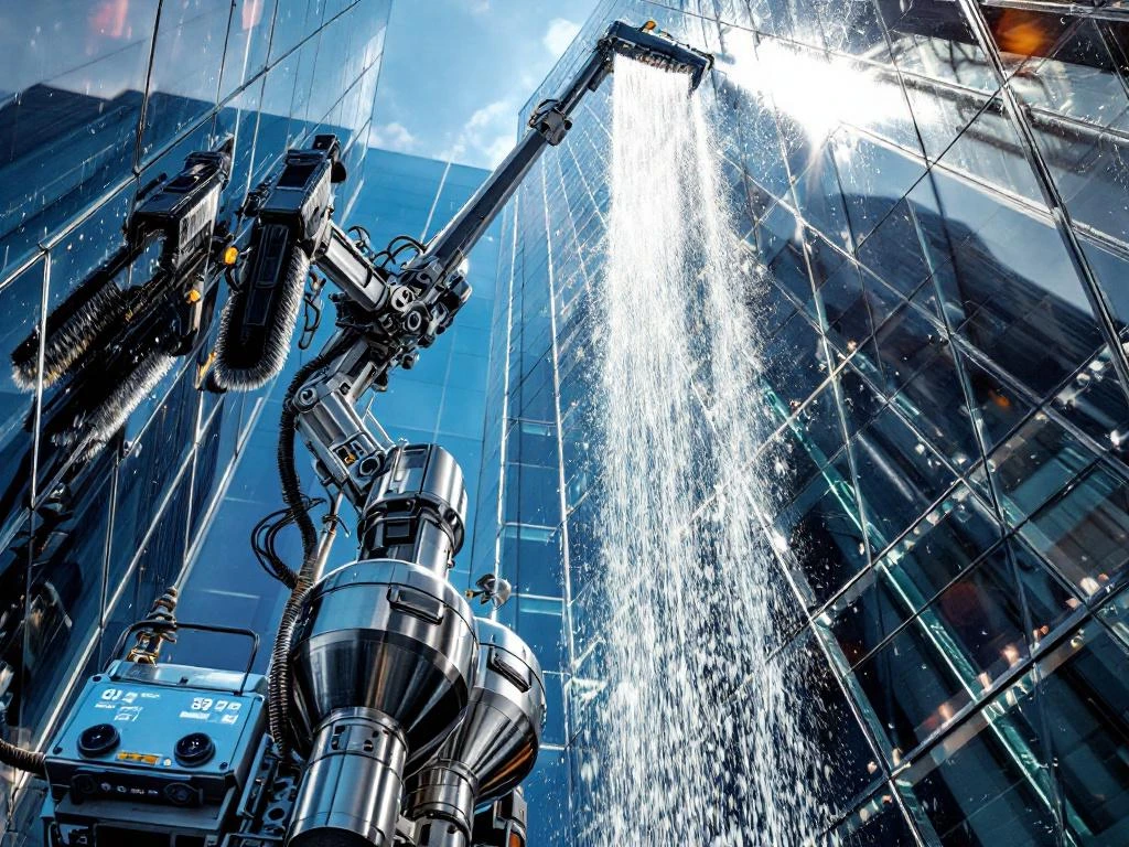 Robotische raamreinigingsapparatuur met metalen armen en borstels op modern glazen kantoorgebouw met heldere ramen