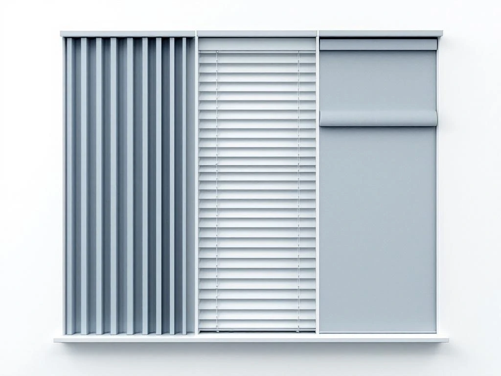 Drie soorten raamdecoratie: verticale lamellen, horizontale jaloezieën en rolgordijnen in grijze en blauwe tinten.