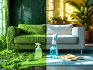 Voor-en-na vergelijking van schimmel verwijdering: links meubels met groene schimmel, rechts schone oppervlakken met professionele schoonmaakapparatuur