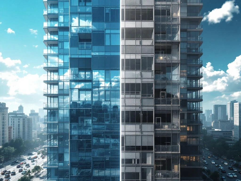 Vergelijking van twee identieke appartementsgebouwen met schone versus vuile ramen in stedelijke omgeving