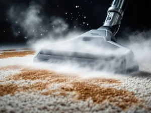 Professionele stoomreiniger verwijdert vlekken van tapijt met witte stoom, toont voor-en-na resultaat van tapijtreinigingstechnologie