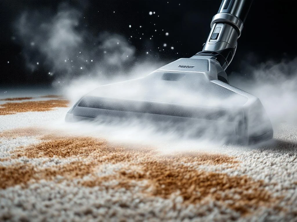 Professionele stoomreiniger verwijdert vlekken van tapijt met witte stoom, toont voor-en-na resultaat van tapijtreinigingstechnologie