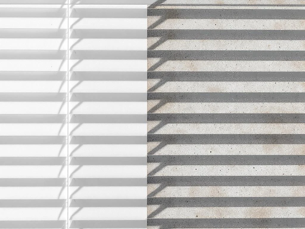 Schone witte venetiaanse jaloezie links contrasteert met stoffige, vuile lamellen rechts in natuurlijk licht