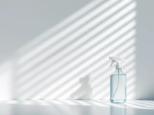 Witte venetiaanse jaloeziën gedeeltelijk geopend met sprayflacon voor raamreiniging op lichtgrijze achtergrond