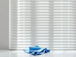 Witte venetiaanse jaloezie met horizontale lamellen en blauwe microvezeldoek voor professionele raamreiniging