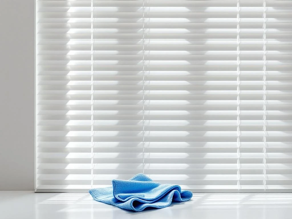 Witte venetiaanse jaloezie met horizontale lamellen en blauwe microvezeldoek voor professionele raamreiniging
