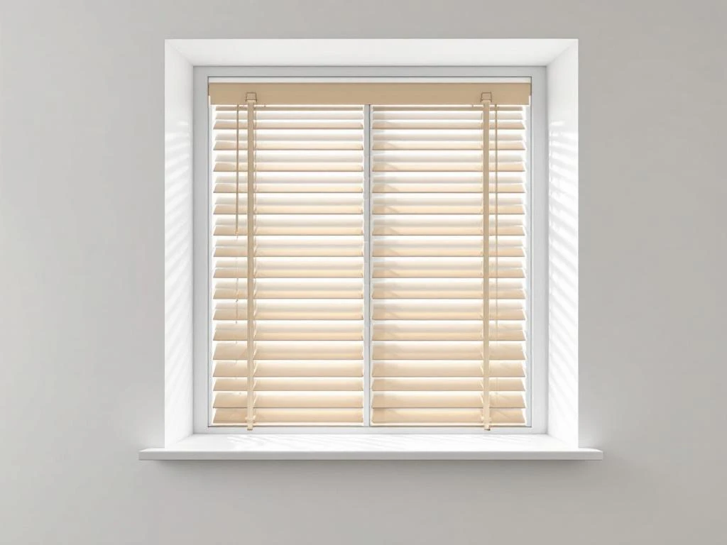Witte raam met elegante houten venetiaanse lamellen in minimalistisch interieur met natuurlijk licht