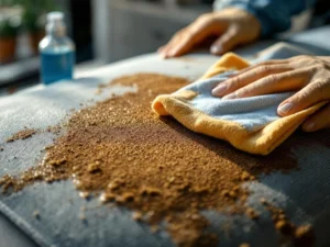 Professionele reiniging van vetvlek op meubelstof met schoonmaakdoek en reinigingsmiddel