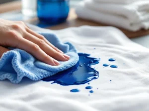 Professionele vlekverwijdering van donkerblauwe inktvlek op wit textiel met reinigingsdoek en oplossing