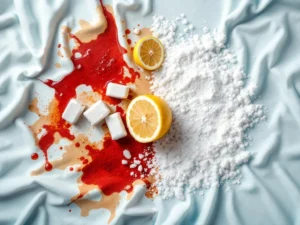 Voor-en-na vergelijking van vlekverwijdering: bevlekte witte stoffen links, schone resultaten rechts, natuurlijke schoonmaakmiddelen