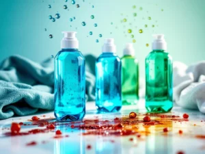 Commerciële vlekkenverwijderaars op witte ondergrond met voor-en-na stofstalen die wijn-, vet- en moddervlekken tonen