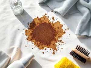 Hardnekkige donkere vlek op witte stof omringd door professionele schoonmaakproducten en reinigingsgereedschap