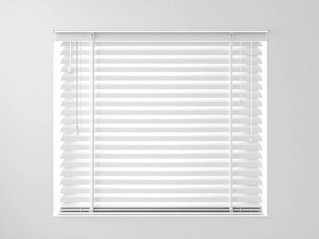 Witte horizontale jaloeziën tegen grijze achtergrond, getoond onder een hoek met verstelbare lamellen en natuurlijke schaduwen