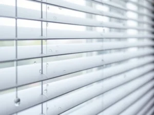 Witte venetiaanse jaloezie met waterdruppels en natuurlijk licht dat door horizontale lamellen filtert