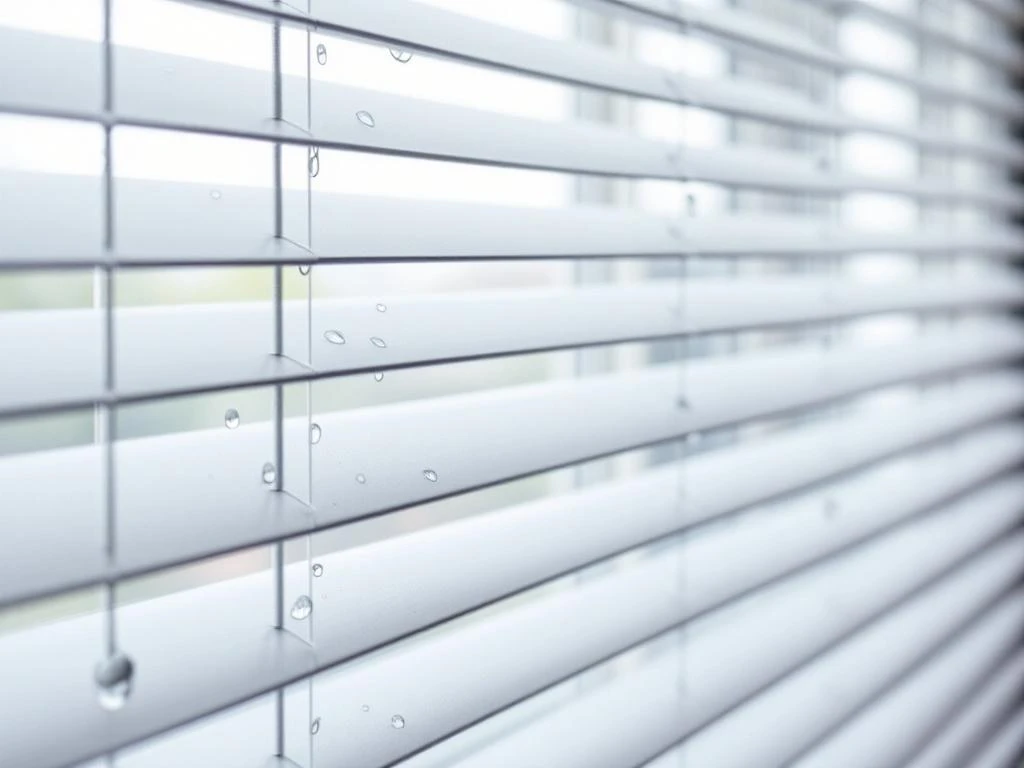 Witte venetiaanse jaloezie met waterdruppels en natuurlijk licht dat door horizontale lamellen filtert