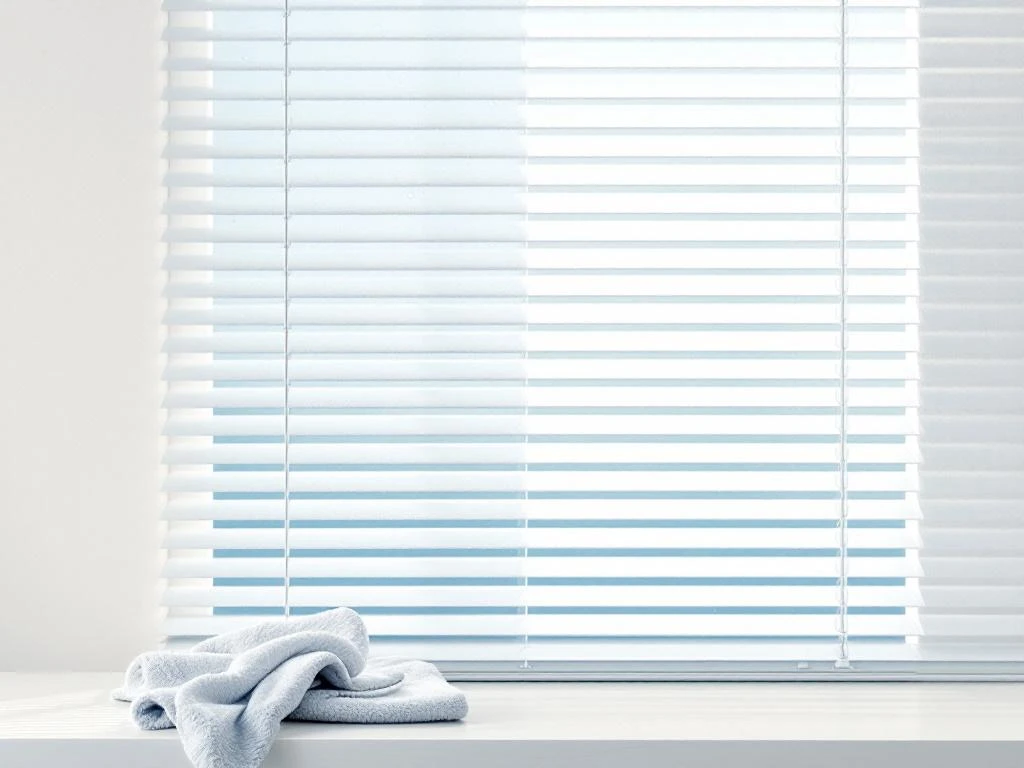 Witte plastic raamjaloezieën met waterdruppels en microfiber doek, toont reiniging van vuil naar schoon