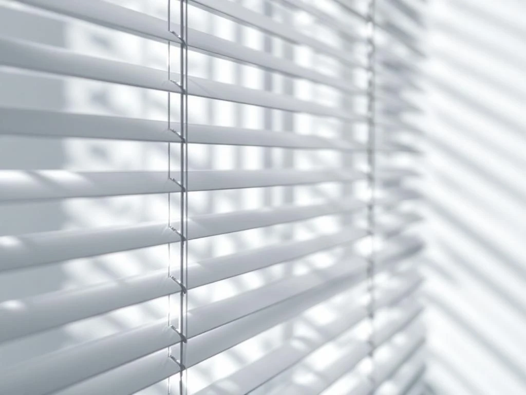 Schone witte venetiaanse jaloeziën met scherpe geometrische lijnen en zachte schaduwen in natuurlijk licht