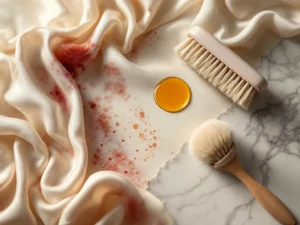 Zijden en wollen stoffen met vlekken op marmer oppervlak met professionele reinigingstools en borstels