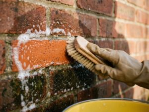 Gehandschoende hand schrobt verweerde rode bakstenen gevel met borstel, zeepsop glinstert op textuur