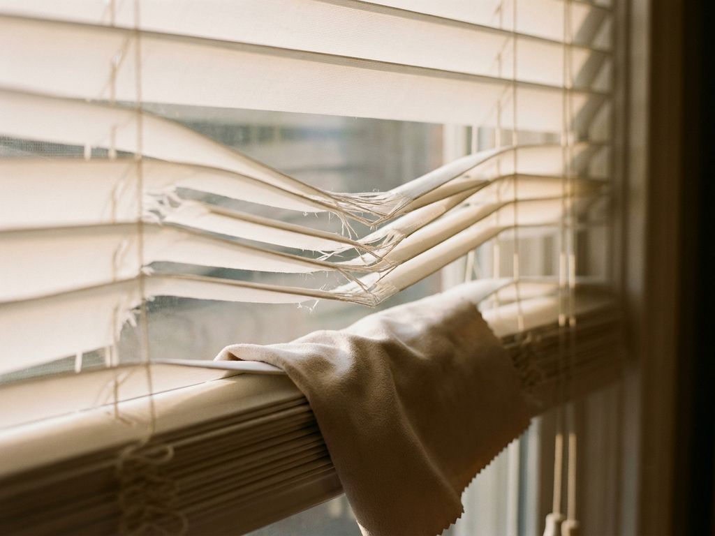 Beschadigde witte jaloezieën met gebogen lamellen en schoonmaakdoek, close-up met natuurlijk zonlicht