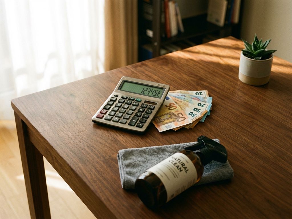 Rekenmachine met eurobiljetten op houten bureau, schoonmaakspray en microvezeldoek op voorgrond
