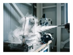 Industrieel metalen onderdeel wordt gereinigd met droogijsstraal in moderne fabriek, CO2-deeltjes zichtbaar rond machine
