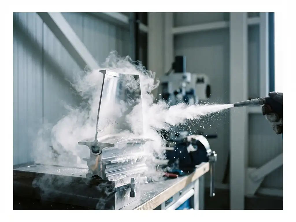 Industrieel metalen onderdeel wordt gereinigd met droogijsstraal in moderne fabriek, CO2-deeltjes zichtbaar rond machine