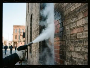 Professionele droogijsstraal reinigt verweerde bakstenen gevel, waarbij schone stenen tevoorschijn komen uit vuil laagje
