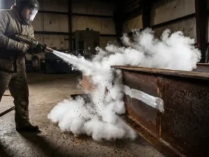 Professioneel droogijsstralen op geroeste industriële metalen oppervlak met zichtbare CO2-dampen en reiniging in actie