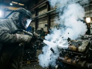 Industriële werknemer reinigt metalen oppervlak met droogijsstralen, witte CO2-damp zichtbaar in werkplaats