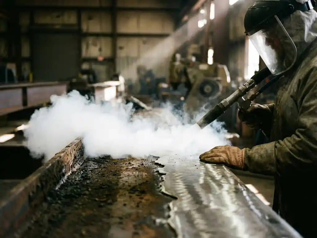 Werknemer met droogijsstraler reinigt metalen oppervlak, CO2-damp toont contrast tussen vuil en schoon gedeelte
