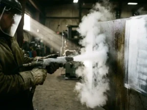Werknemer met beschermende kleding gebruikt droogijsstraler, witte CO2-damp reinigt vuil metalen oppervlak in industriële omgeving