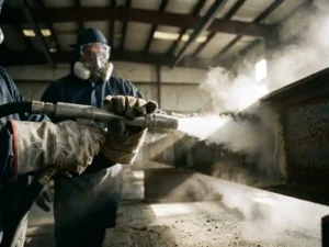 Werker gebruikt droogijsstraler op metalen oppervlak met beschermende uitrusting in industriële omgeving
