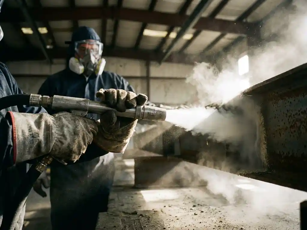 Werker gebruikt droogijsstraler op metalen oppervlak met beschermende uitrusting in industriële omgeving
